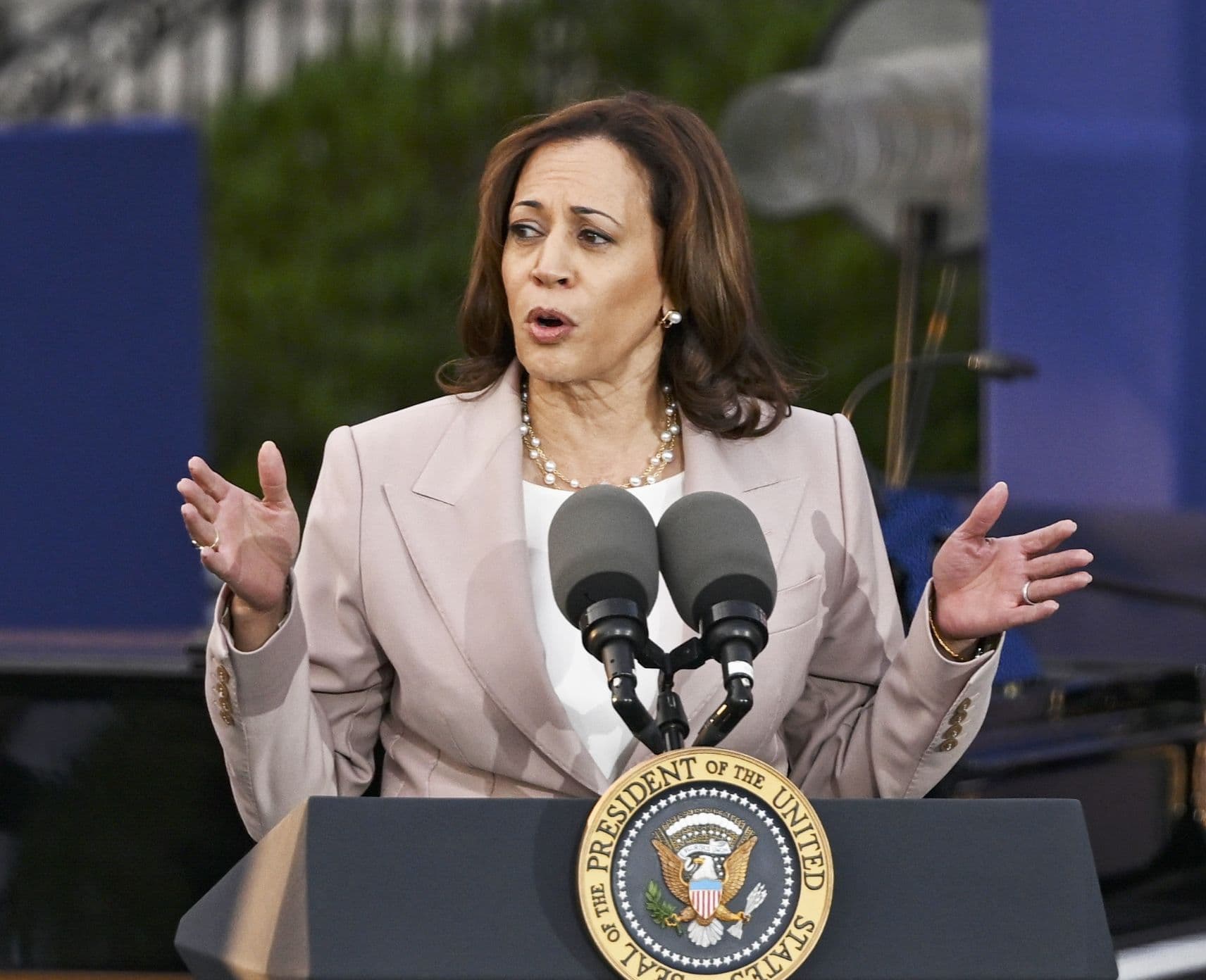 Kamala Harris speaks at a podium