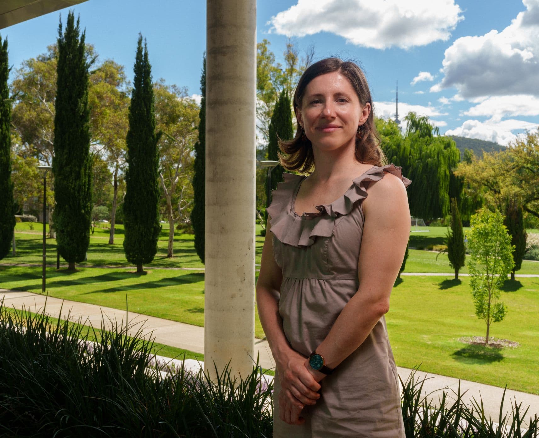 ANU researcher on campus looking directly into the camera.