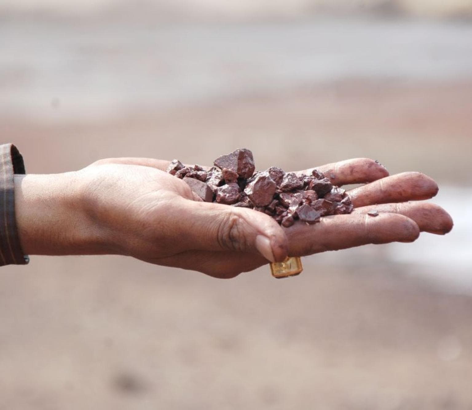 hand held horizontally holding a small pile of brown iron ore rocks