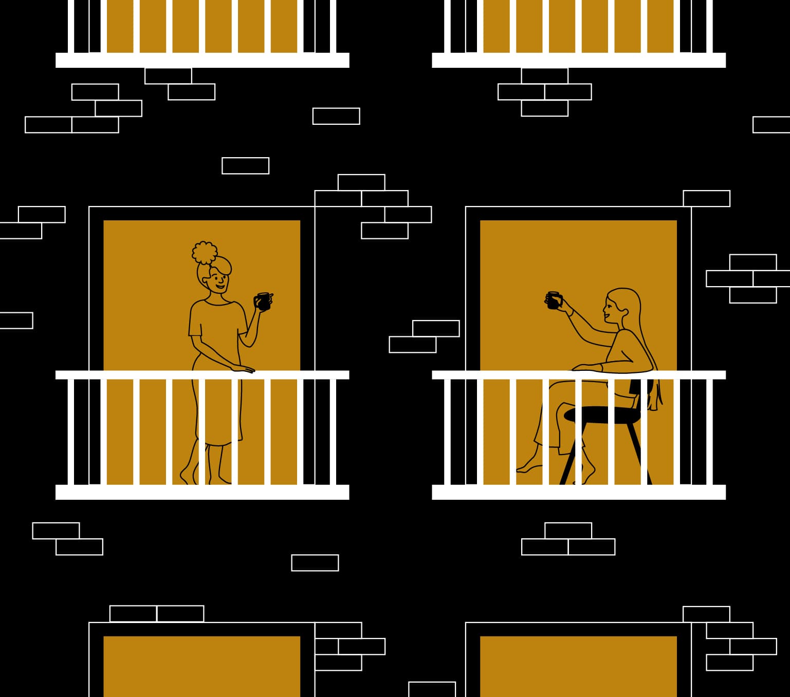 An illustration of a black brick building with six gold windows. Two women holding coffee mugs are drawn on two balconies in front of the middle two gold windows. The woman on the left is standing and the woman on the right is sitting in a chair.