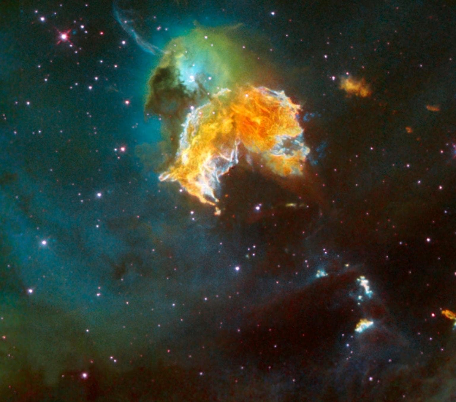 A violent and chaotic-looking mass of gas and dust is seen in this Hubble Space Telescope image of a nearby supernova remnant.