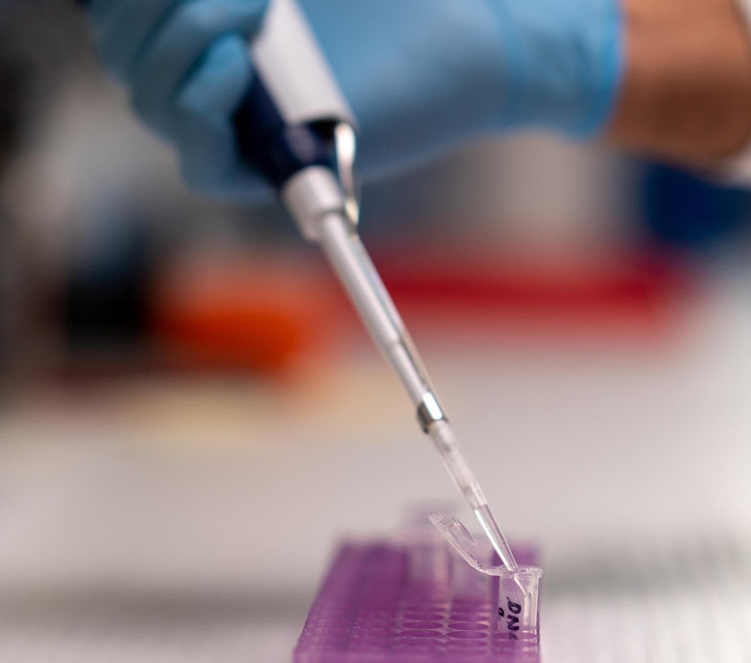 blue gloved hand is using a pipetting device