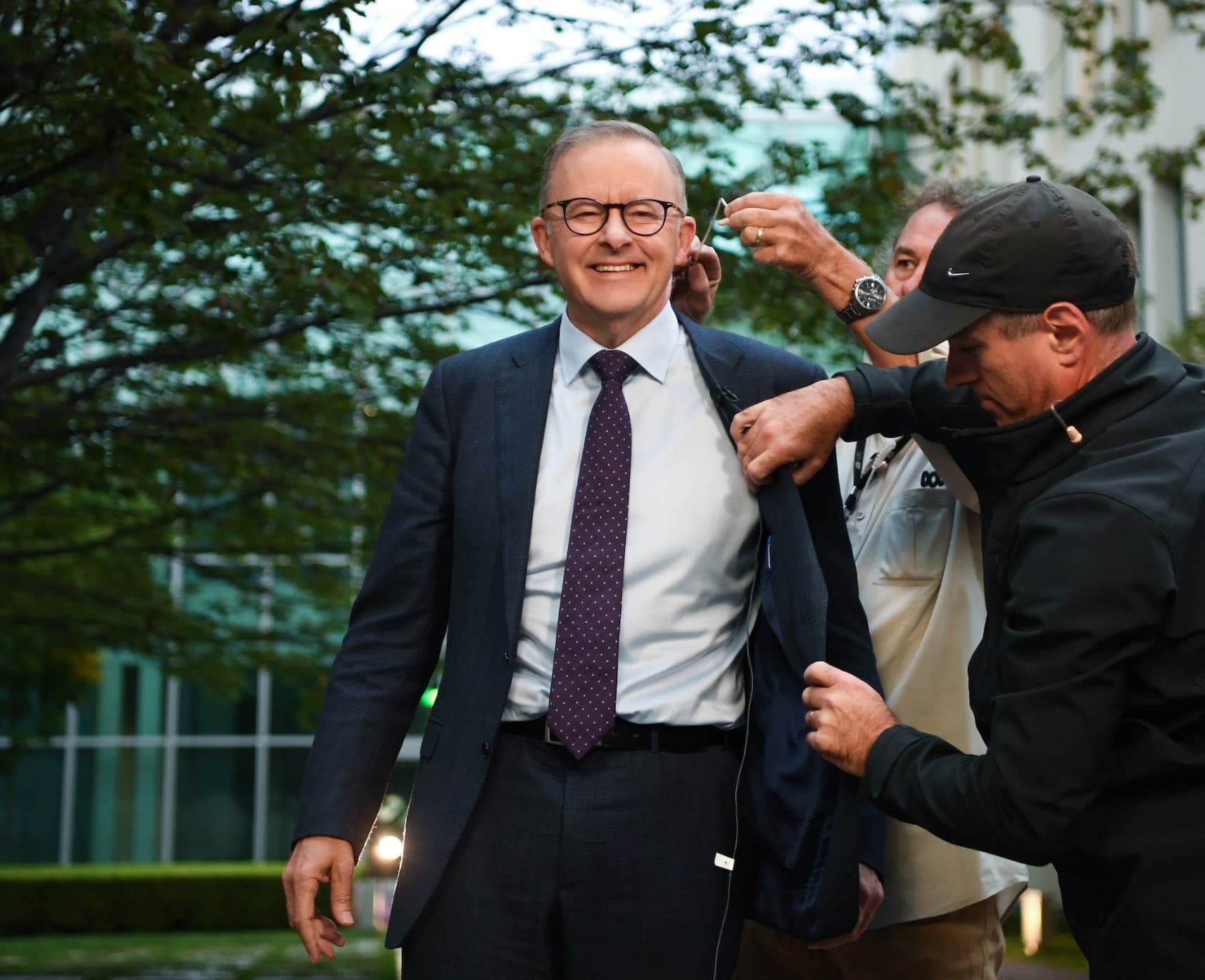 Anthony Albanese prepares for an interview at Parliament House