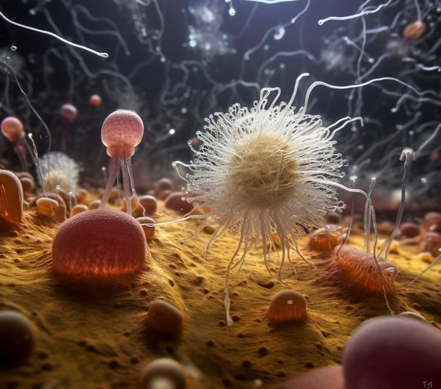 An artist's impression of what the Protosterol Biota may have looked like as it traversed the ocean floor. The weird looking creature looks like a white blob with lots of tentacles.