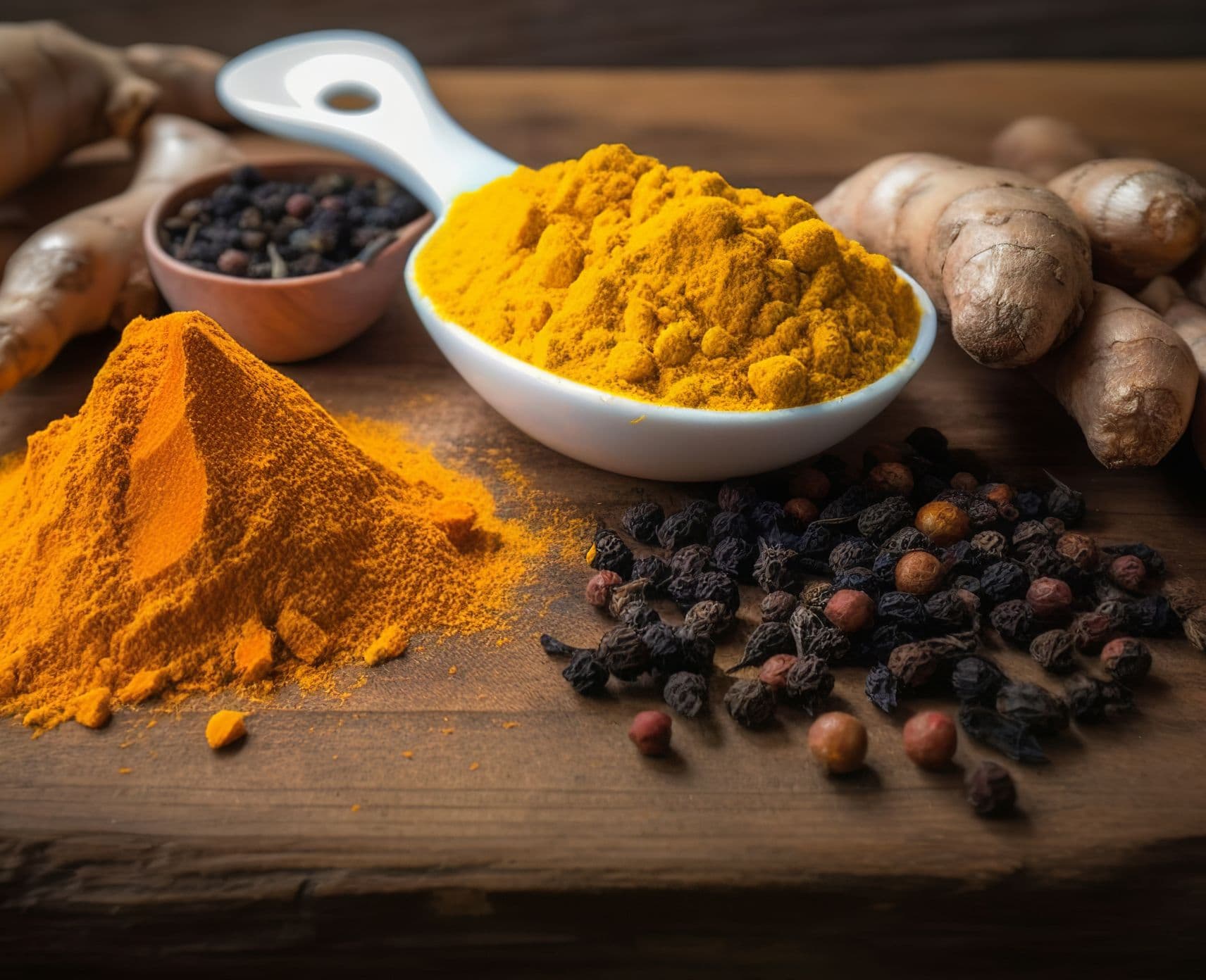 Turmeric powder, fresh turmeric and black pepper on wooden background.