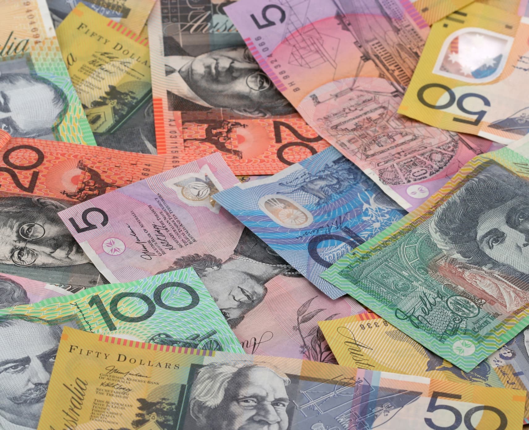 All different types of Australian dollar bills