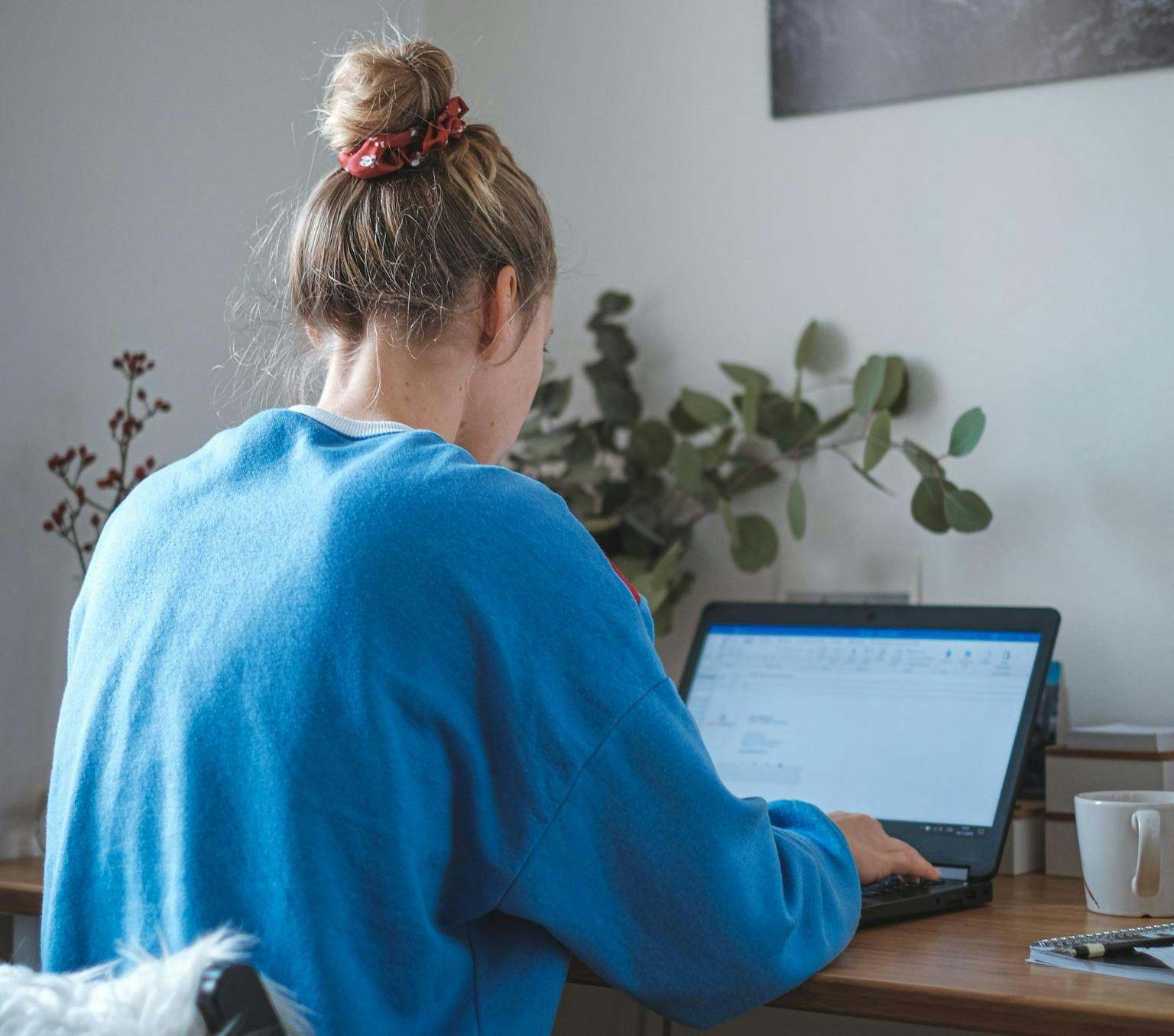 back of a woman is shown sitting at a desk and working on a laptop