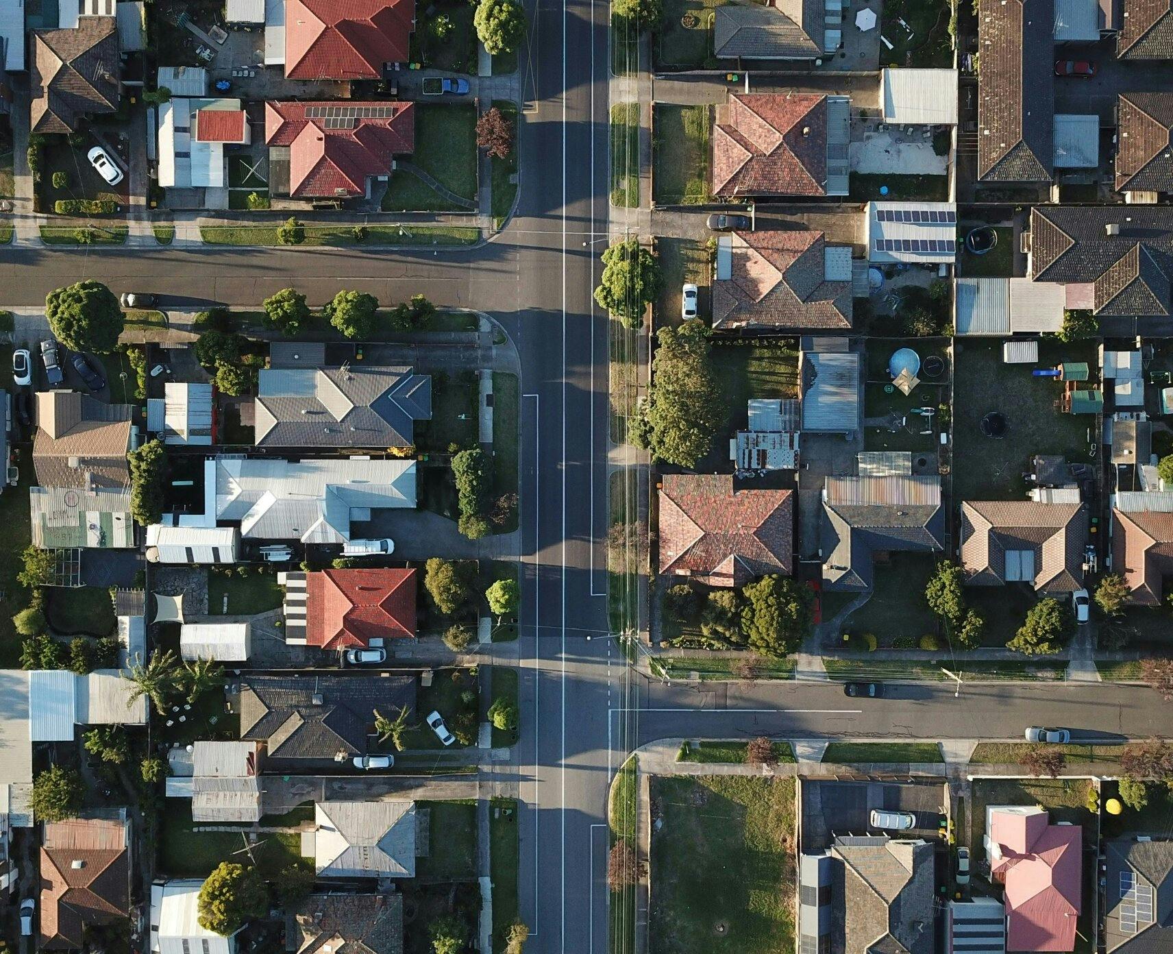 An aerial view of homes in a suburb