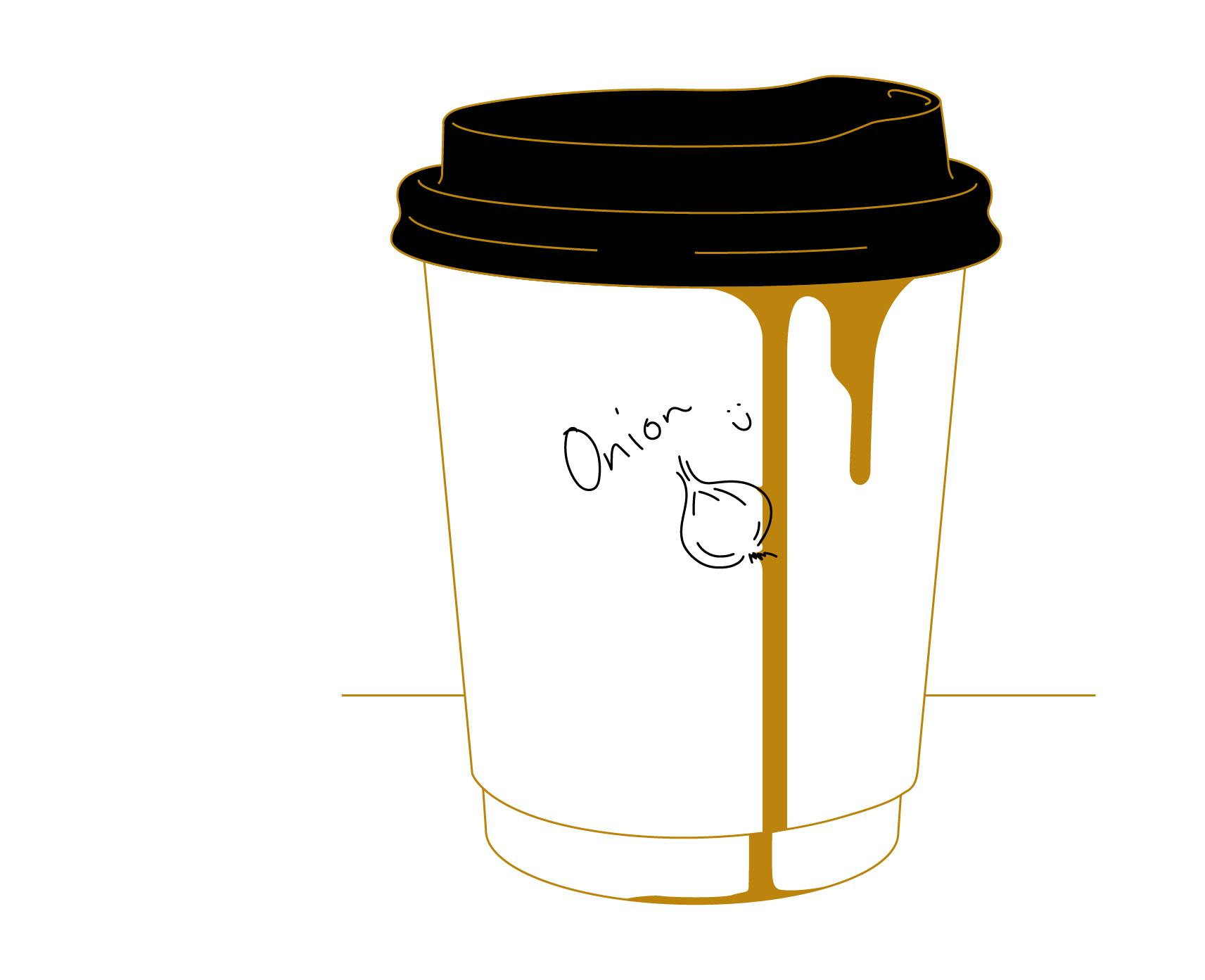 A takeaway coffee up with the name "Onion" written on it and a small drawing of an onion. It is a variation of the designers name, Anya.