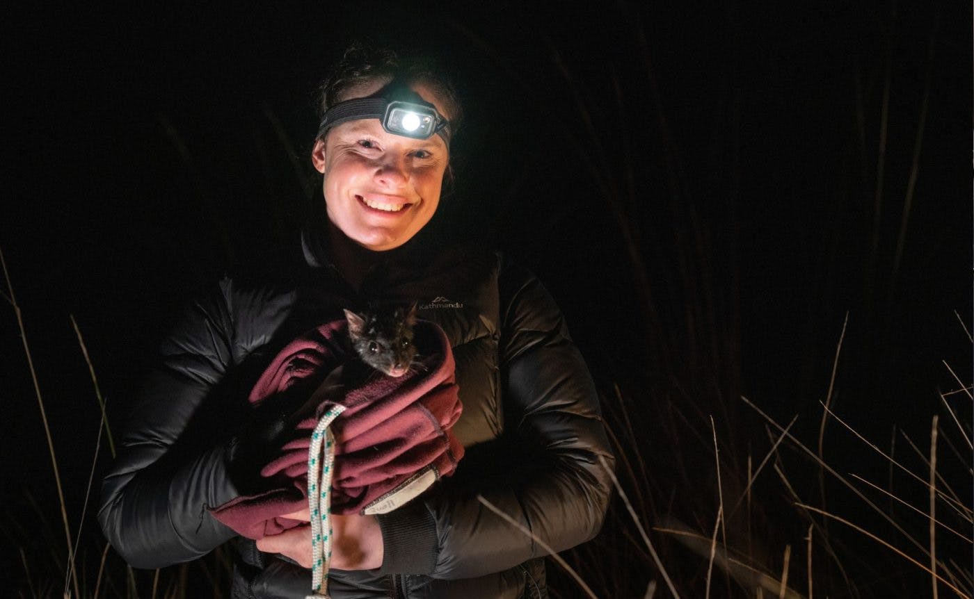 ANU researcher Belinda Wilson smiles at the camera. She is wearing a head torch and a dark puffer jacket, and cradling an eastern quoll wrapped in a maroon blanket. 