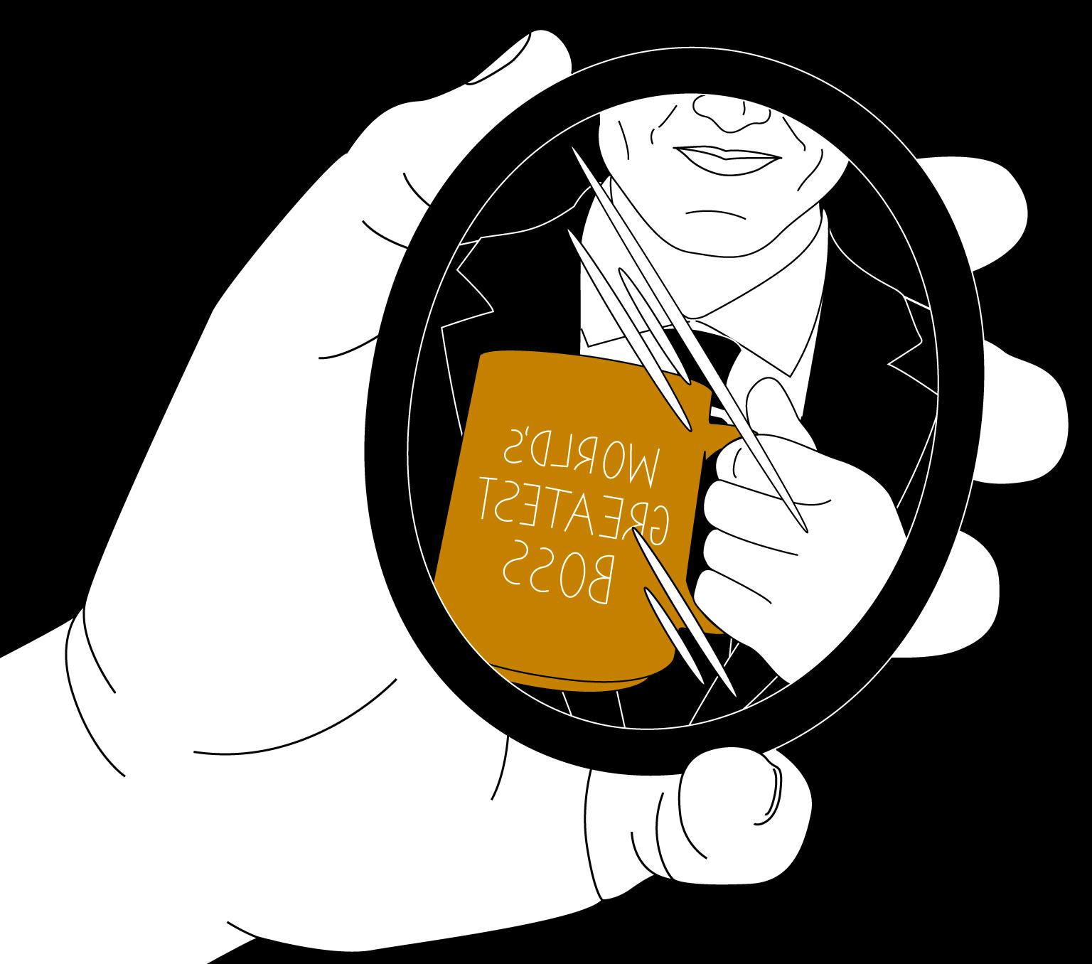 Illustration of a boss looking at themselves in a handheld mirror, holding a mug saying 'World's Greatest Boss'